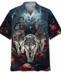 3 Wolves Hunting In Bloody Night Hawaiian Shirt