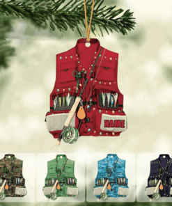 Fishing Vest With Christmas Light Personalized Ornament for Fishing Lovers, Custom Name Fishing Ornament for Dad