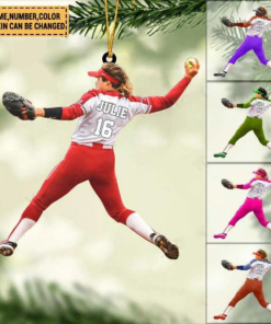 Personalized Baseball Softball Female Player Throwing The Ball Christmas Ornament, Softball Girl Flat Acrylic Ornament