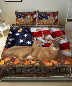 Deer Hunting American Flag Quilt Bedding Set
