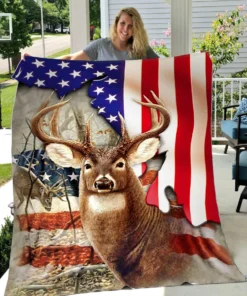 Deer Hunting Us Flag Fleece Blanket