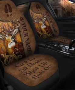 Personalized Name Deer Leather Hold on Funny Car Seat Covers Universal Fit Set 2