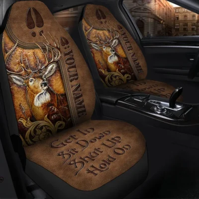 Personalized Name Deer Leather Hold on Funny Car Seat Covers Universal Fit Set 2